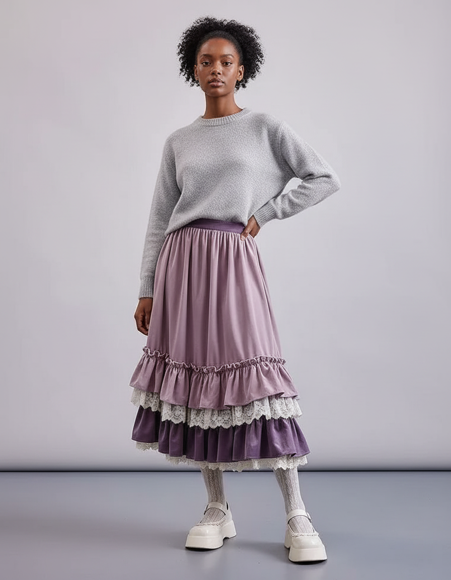 Jupe Longue Velours Dentelle Élégante