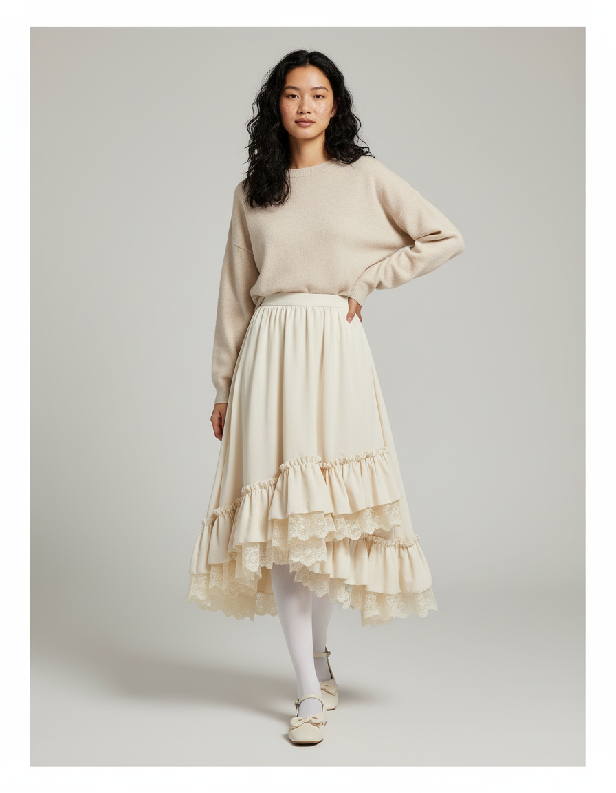 Jupe Longue Crème Volants Dentelle Élégante