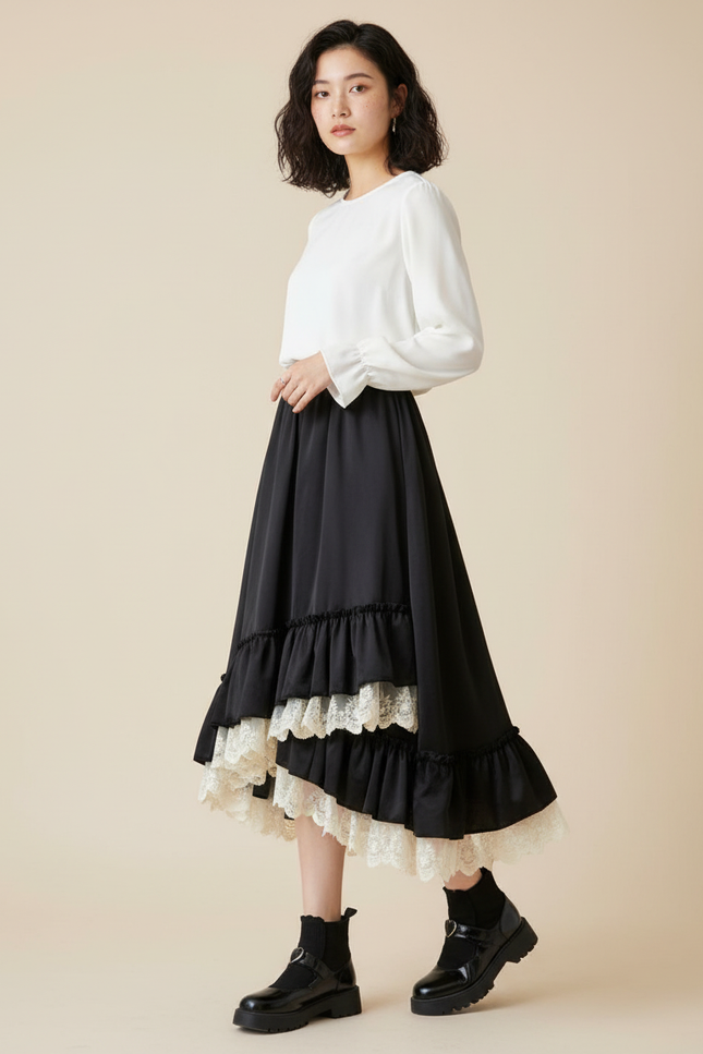 Jupe Longue Noire Volants Dentelle Élégante