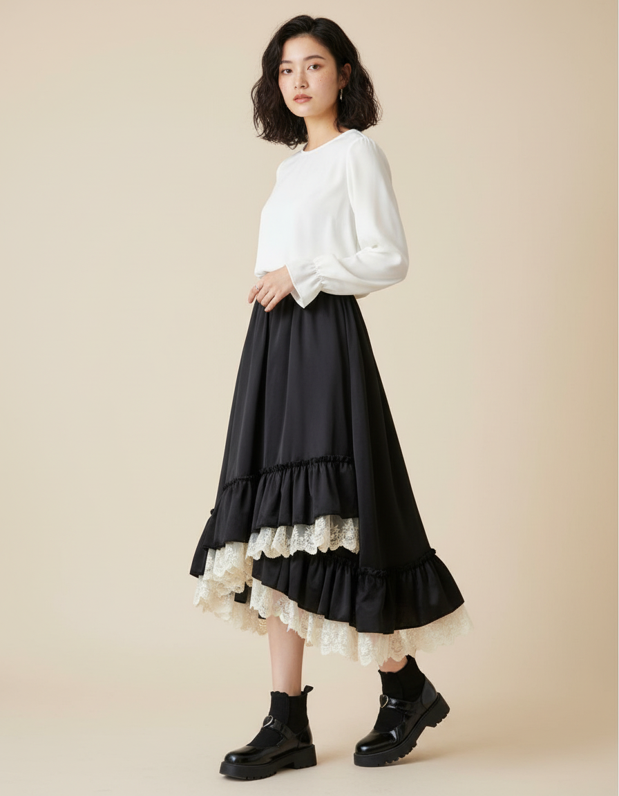 Jupe Longue Noire Volants Dentelle Élégante