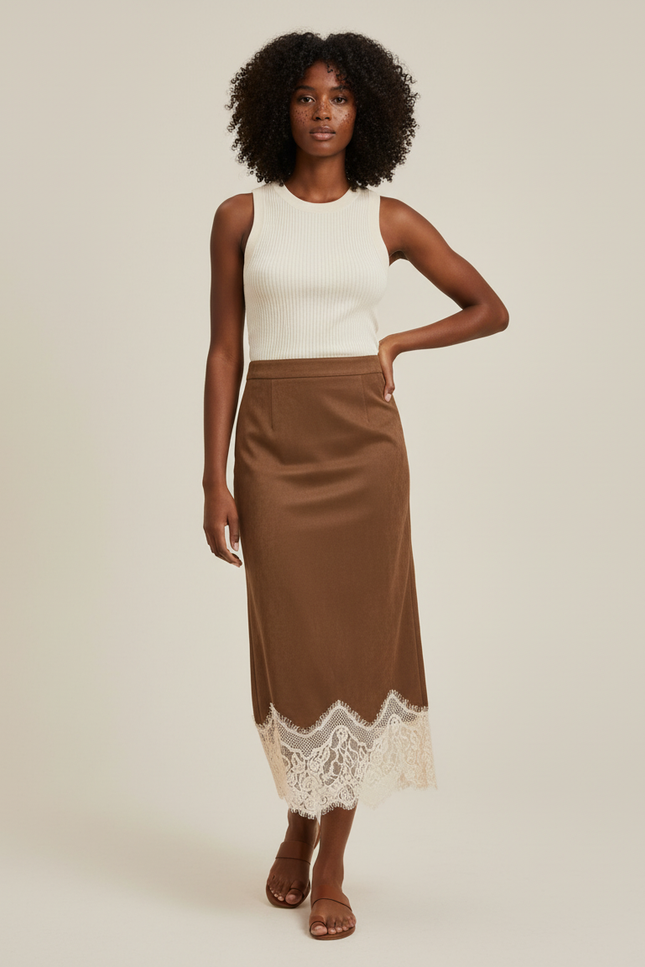 Jupe Longue Marron Dentelle Élégante