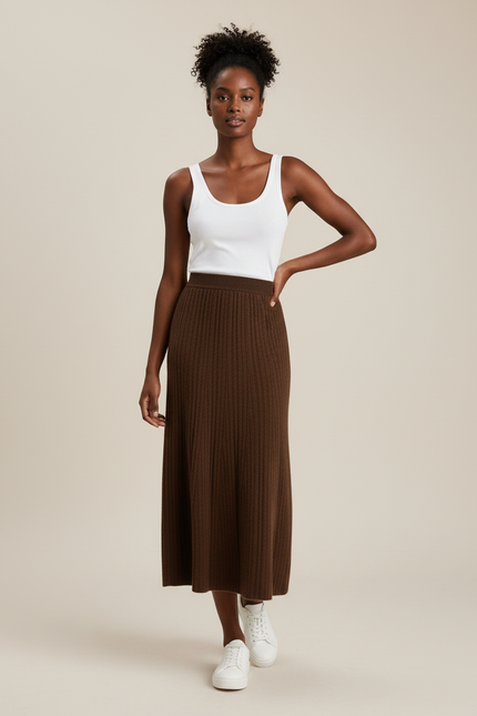 Jupe Longue Marron Côtelée Élégante Mode