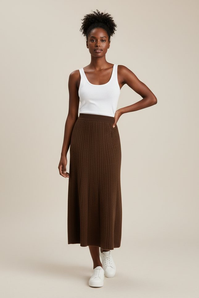 Jupe Longue Marron Côtelée Élégante Mode