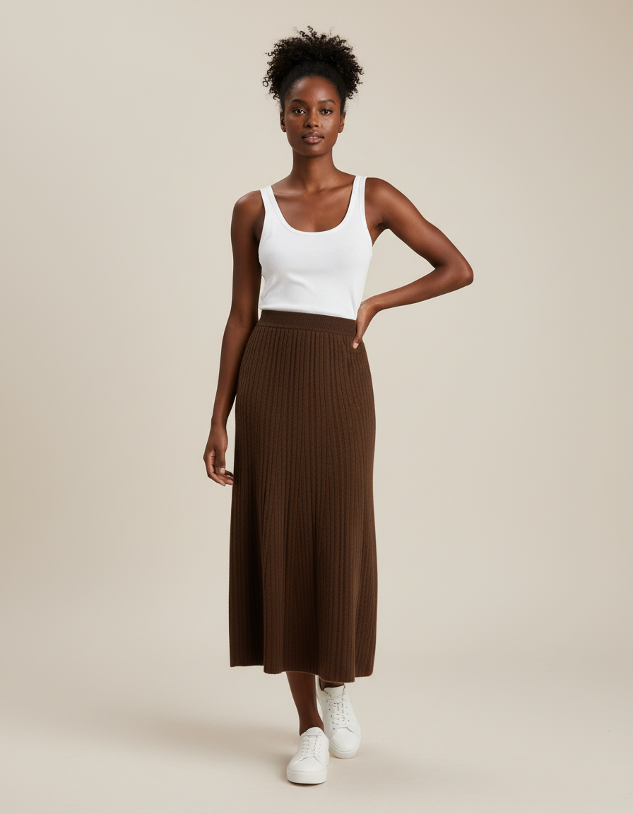 Jupe Longue Marron Côtelée Élégante Mode