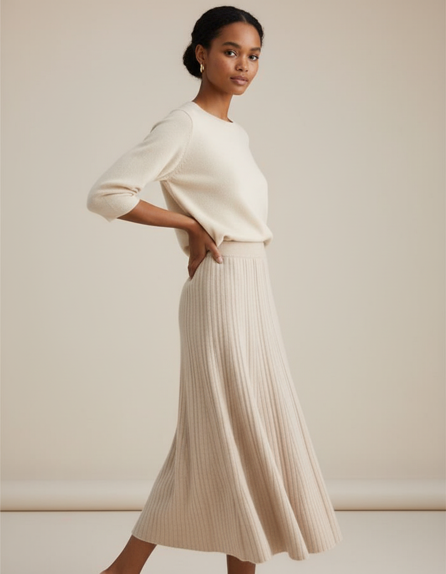 Jupe Longue Beige Côtelée Élégante