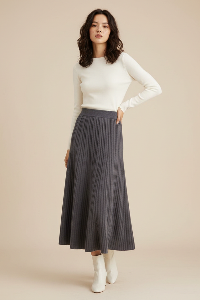 Jupe Longue Grise Plissée Élégante Chic