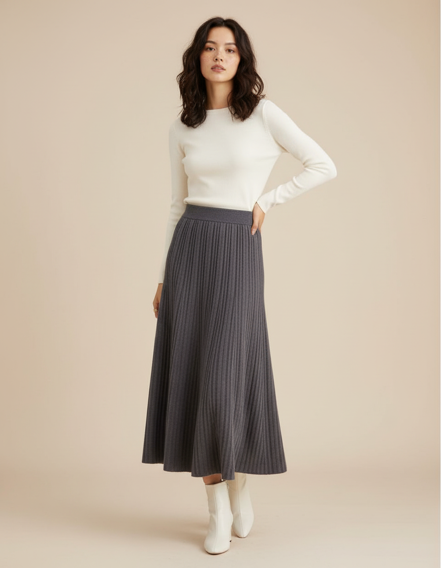 Jupe Longue Grise Plissée Élégante Chic