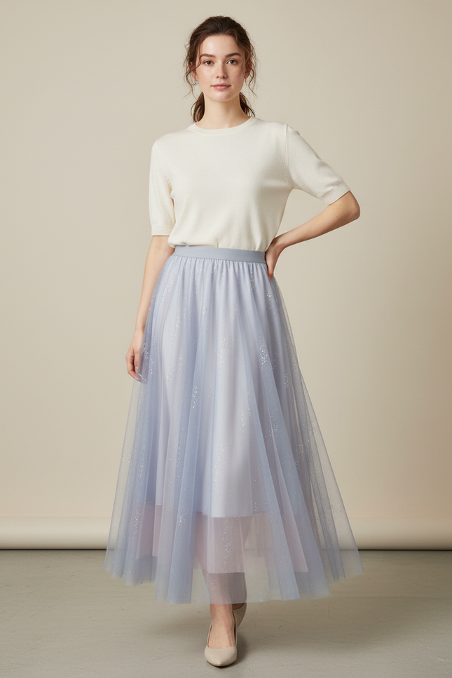 Jupe Longue Bleu Pastel Tulle Pailleté Chic