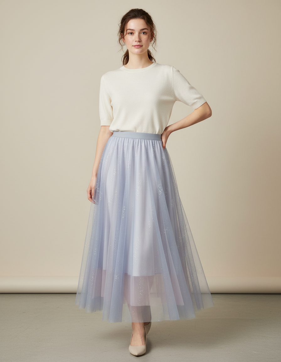 Jupe Longue Bleu Pastel Tulle Pailleté Chic
