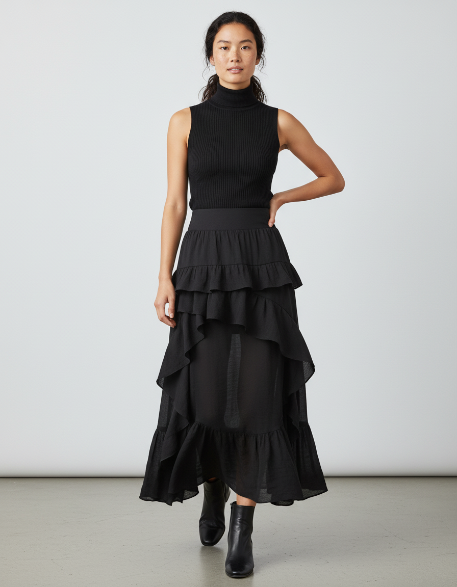 Jupe Longue À Volants Asymétrique Gothique