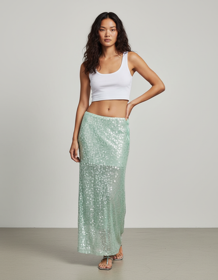 Jupe Longue Menthe Pailletée Élégante