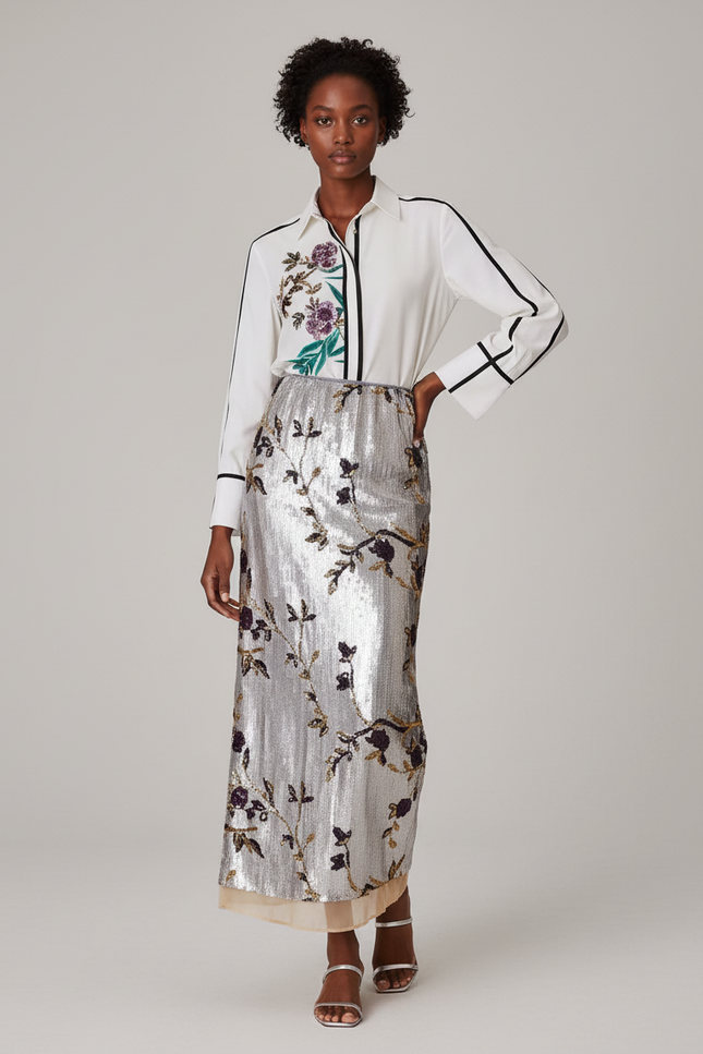 Jupe Longue Argentée Paillettes Brodée Élégante