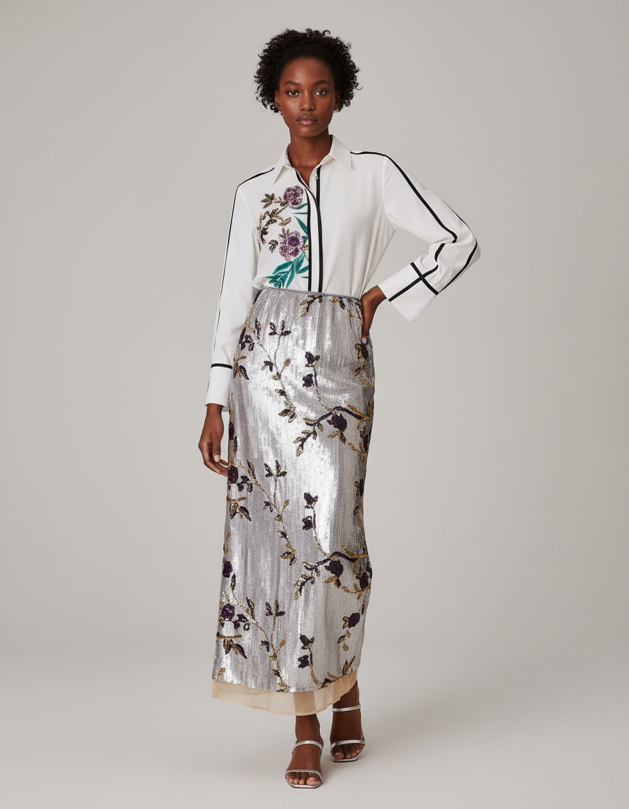 Jupe Longue Argentée Paillettes Brodée Élégante