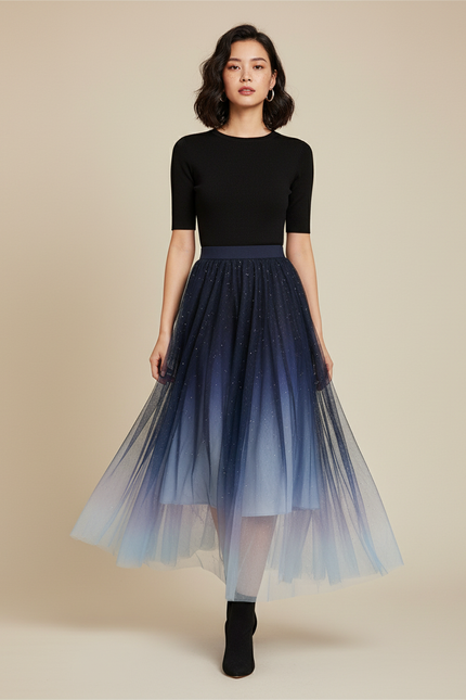 Jupe Longue Dégradée Pailletée Plissée