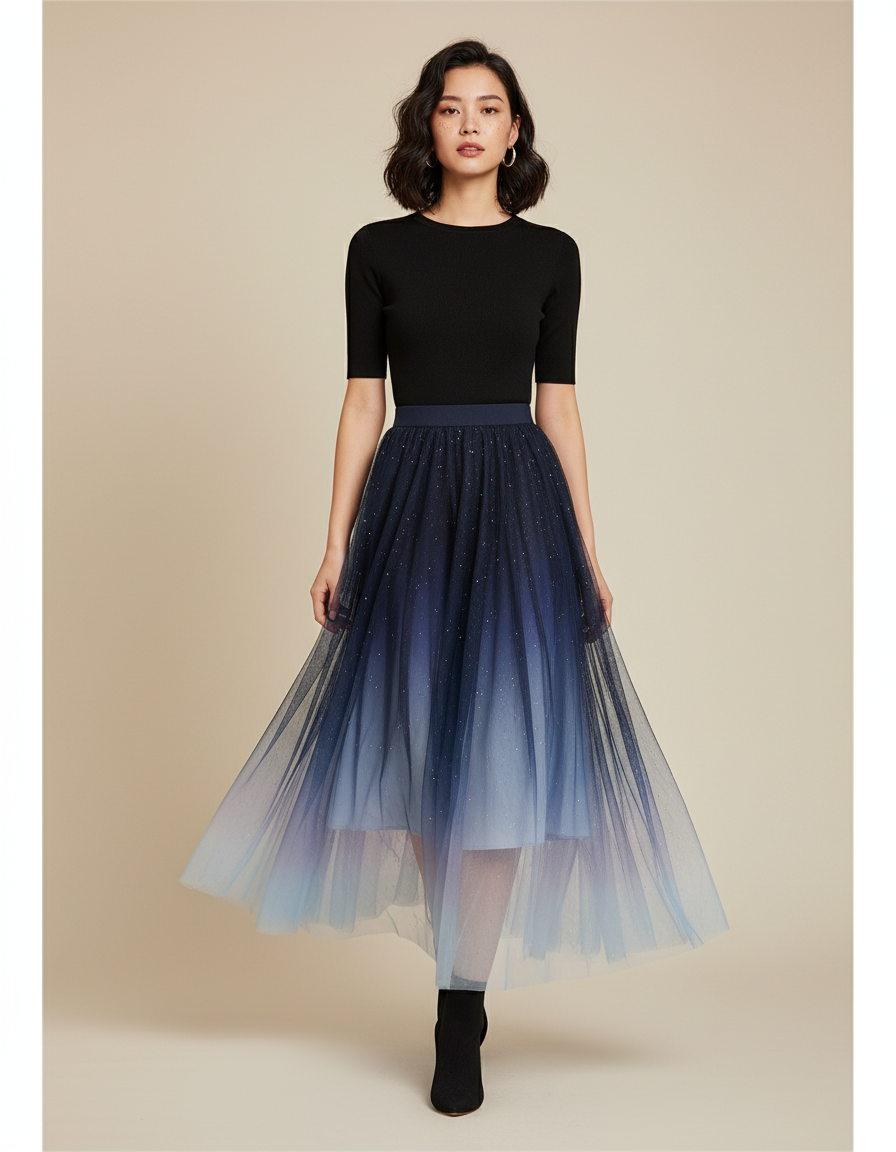 Jupe Longue Dégradée Pailletée Plissée