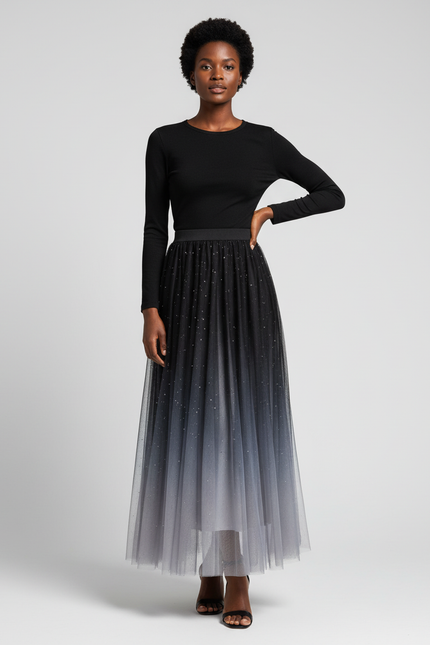 Jupe Longue Dégradée Pailletée Plissée Chic