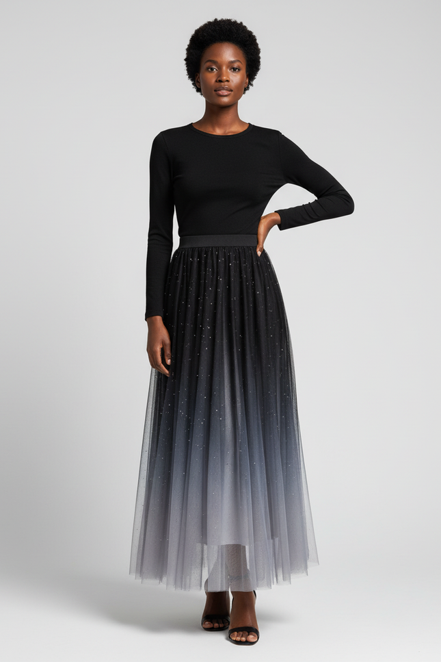 Jupe Longue Dégradée Pailletée Plissée Chic