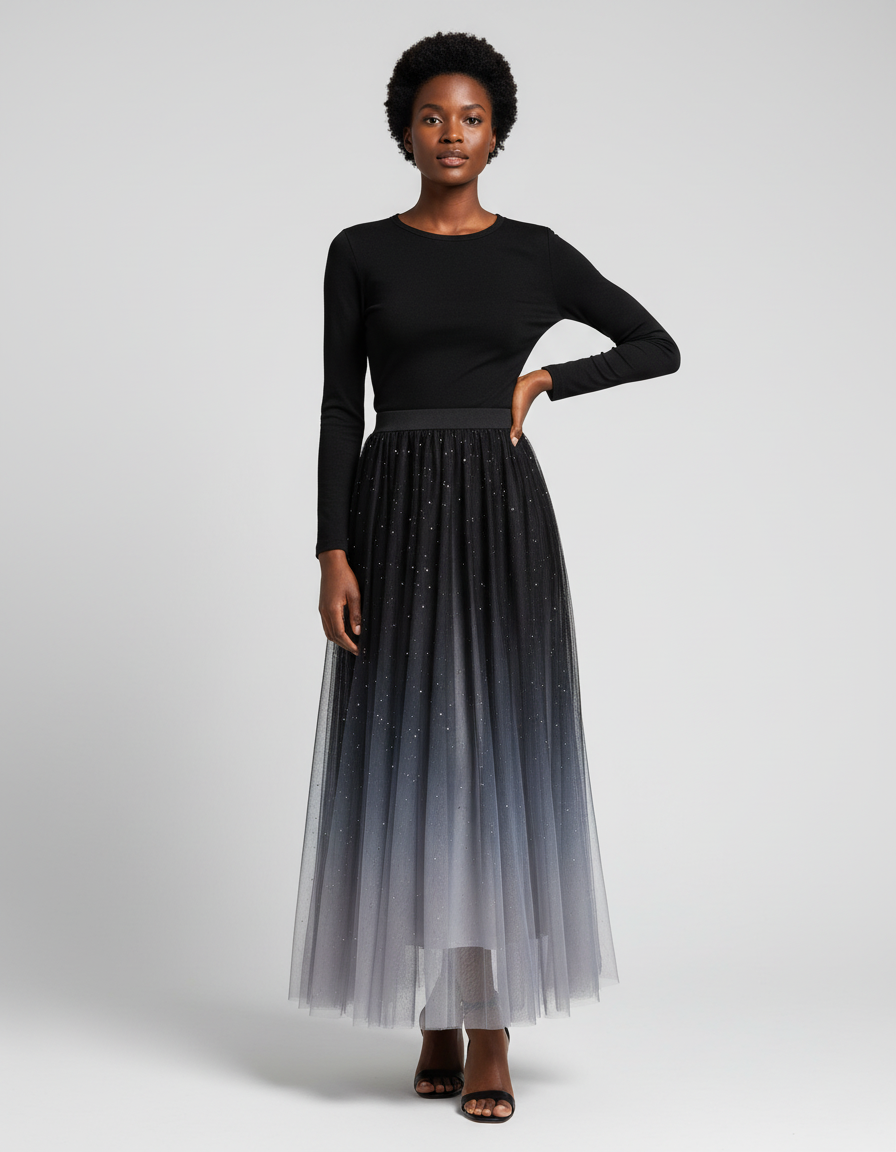 Jupe Longue Dégradée Pailletée Plissée Chic