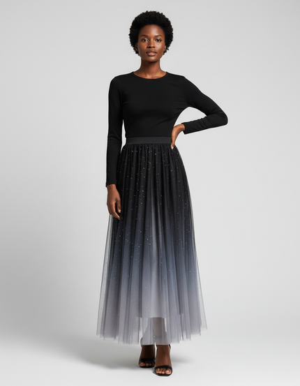 Jupe Longue Dégradée Pailletée Plissée Chic