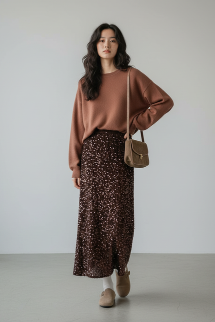 Jupe Longue Marron Paillettes Élégante