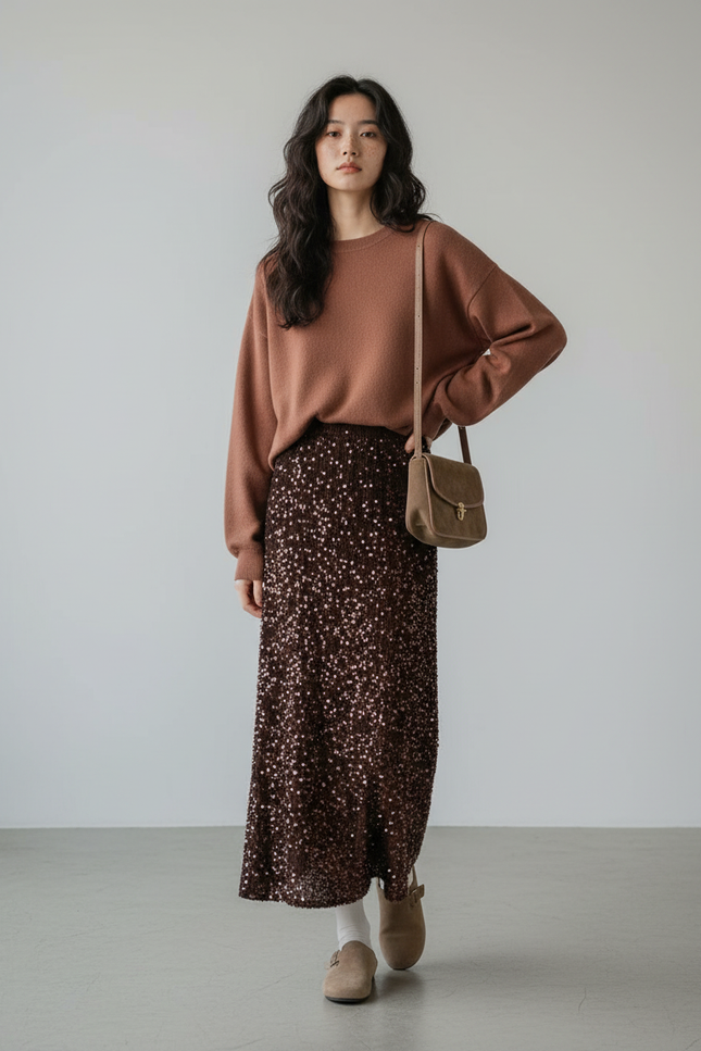 Jupe Longue Marron Paillettes Élégante