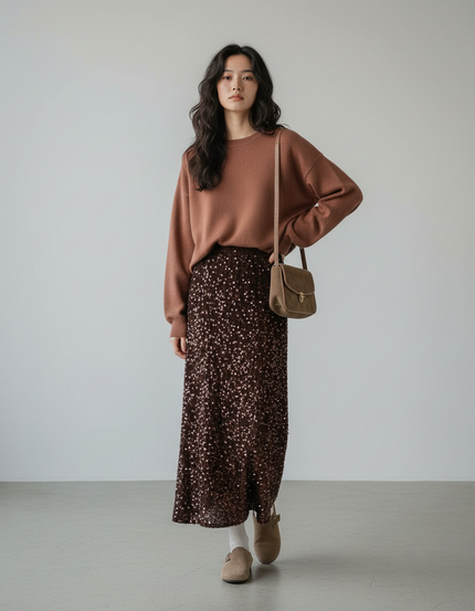 Jupe Longue Marron Paillettes Élégante