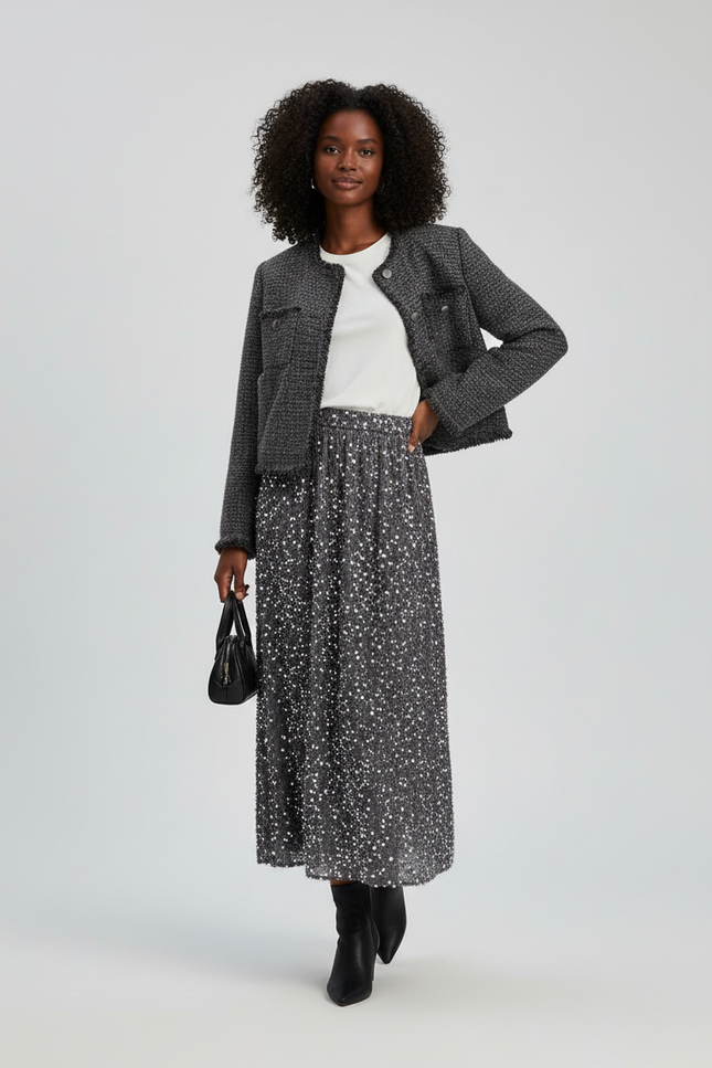 Jupe Longue Grise Pailletée Élégante