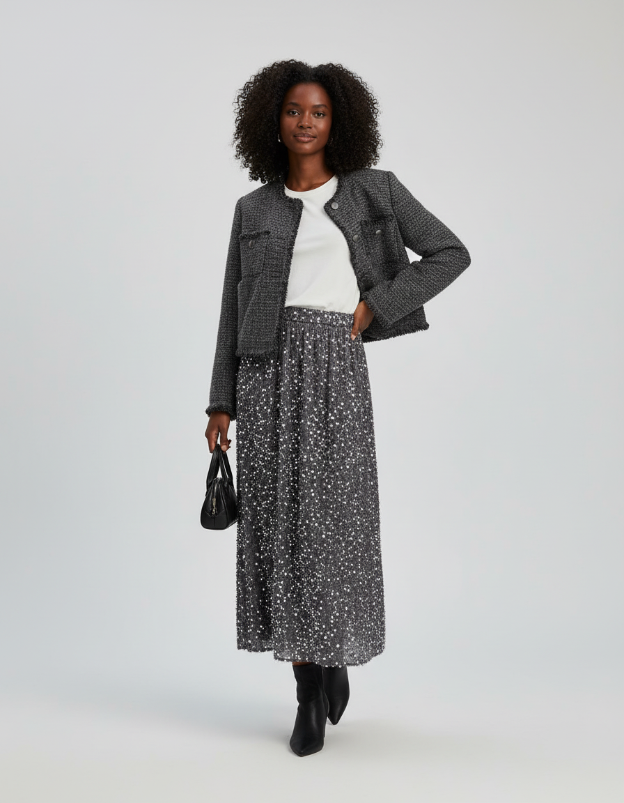 Jupe Longue Grise Pailletée Élégante