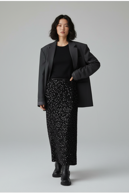 Jupe Longue Noire À Sequins Élégante