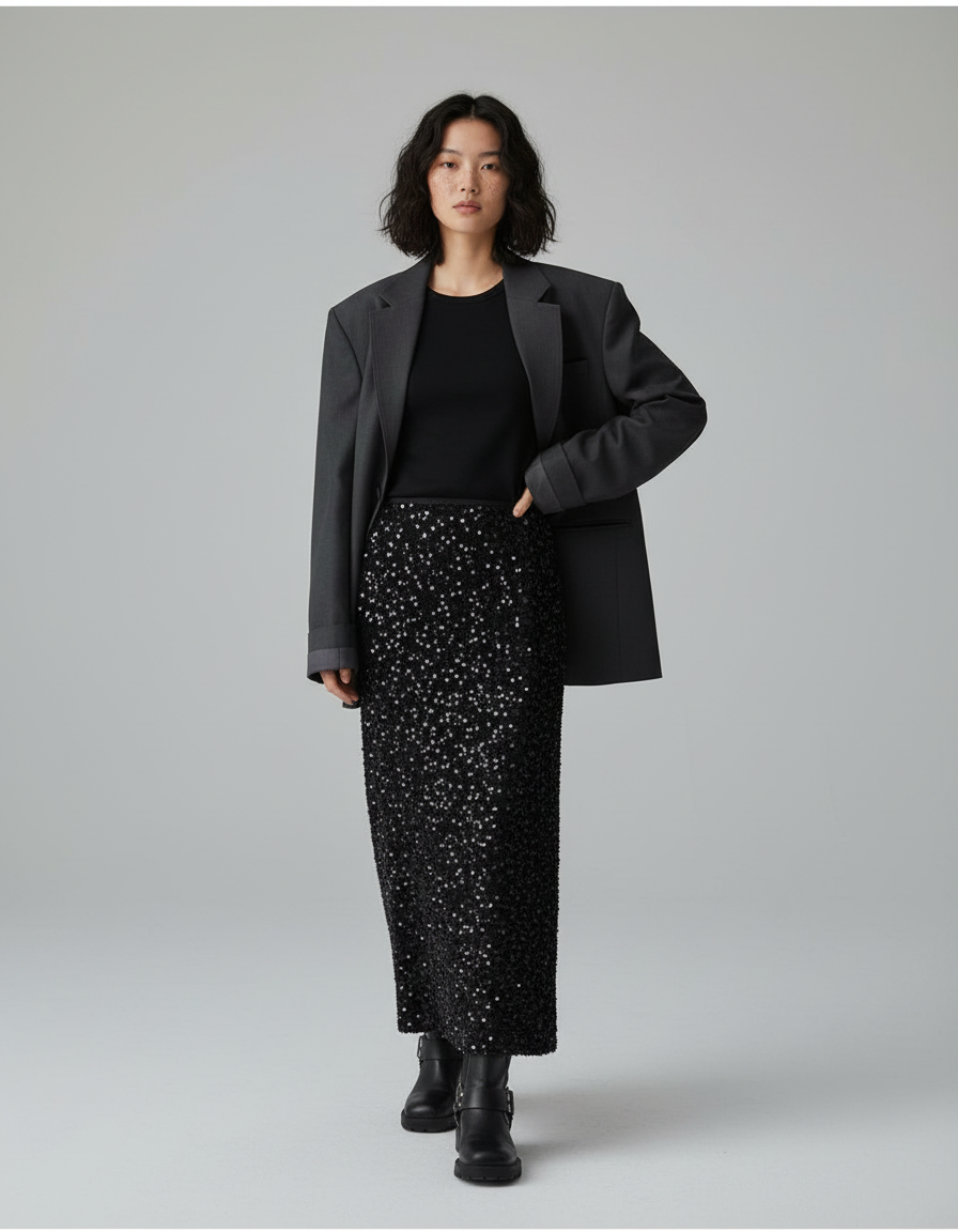 Jupe Longue Noire À Sequins Élégante