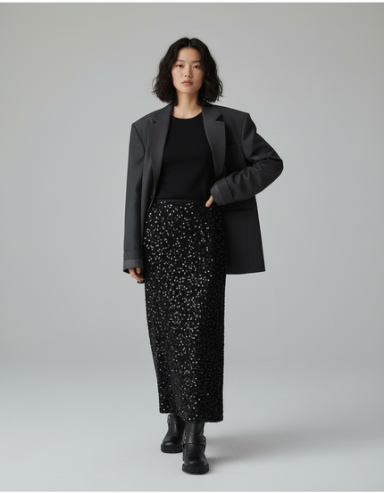 Jupe Longue Noire À Sequins Élégante