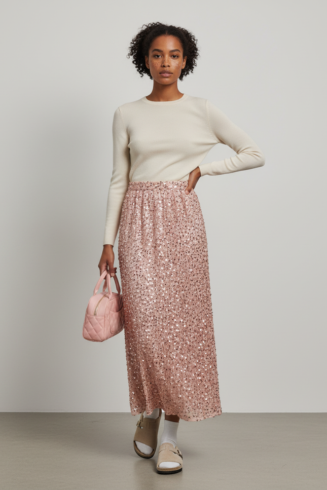 Jupe Longue Pailletée Rose Élégante