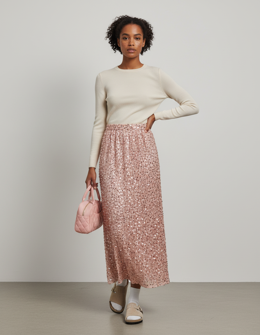 Jupe Longue Pailletée Rose Élégante