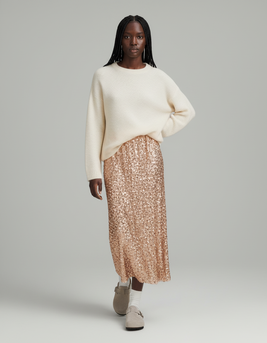 Jupe Longue Paillettes Rose Gold Élégante