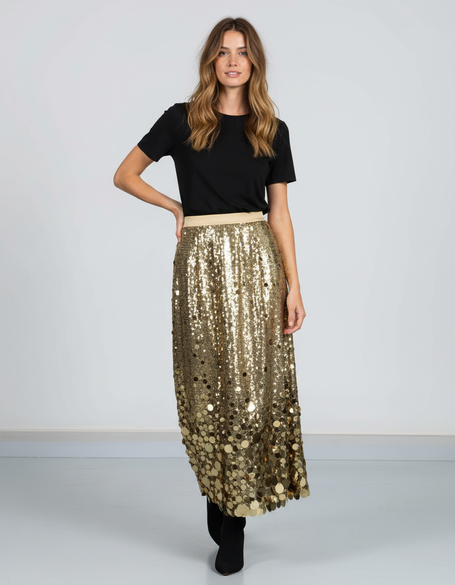 Jupe Longue Dorée Sequins Patchwork Chic