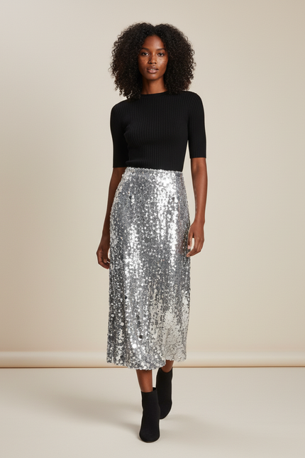 Jupe Longue Argentée Paillettes Chic