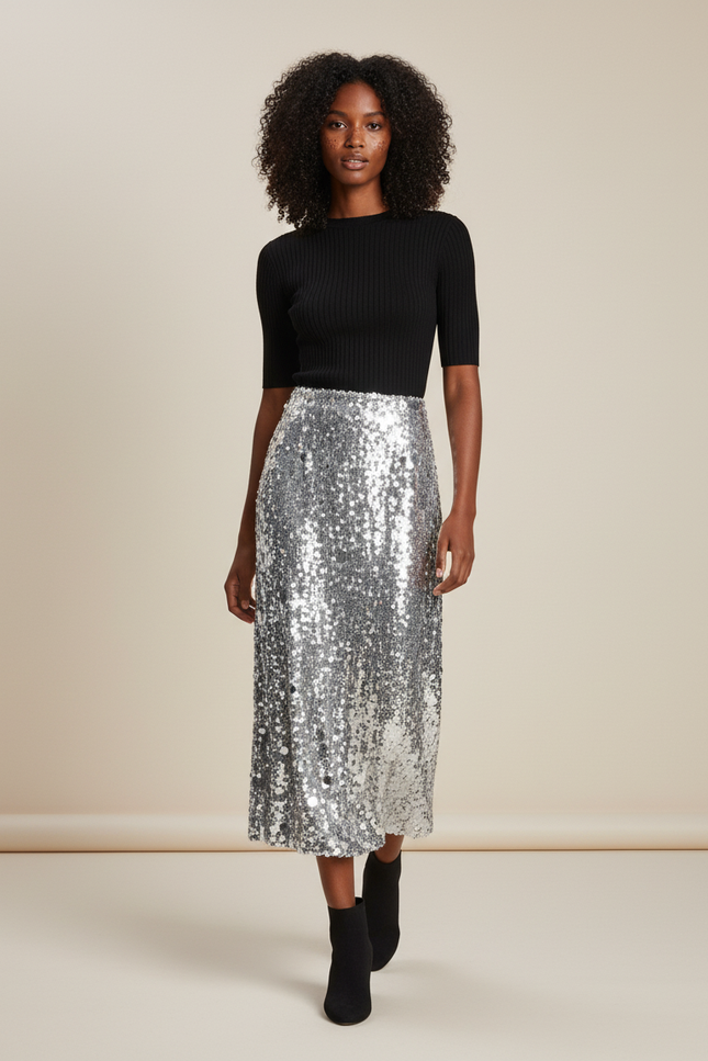 Jupe Longue Argentée Paillettes Chic