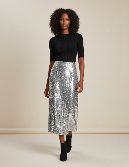 Jupe Longue Argentée Paillettes Chic