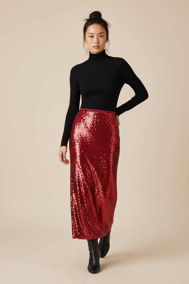 Jupe Longue Rouge Paillettes Chic