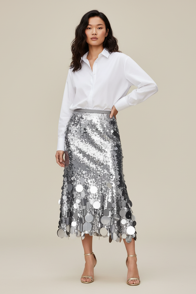 Jupe Longue Paillettes Rondes Argentées Élégante