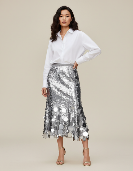 Jupe Longue Paillettes Rondes Argentées Élégante