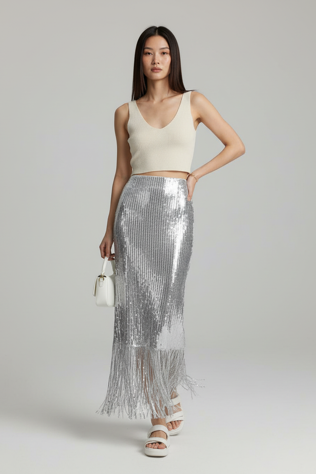 Jupe Longue Paillettes Argentées Franges Chic