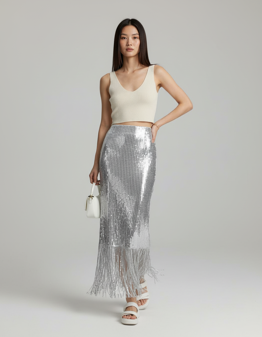 Jupe Longue Paillettes Argentées Franges Chic