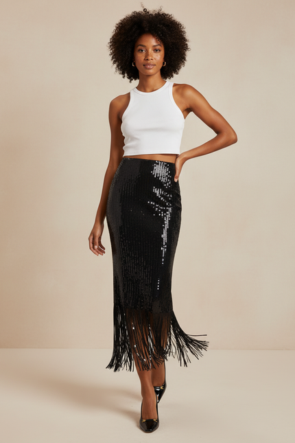 Jupe Longue Paillettes Franges Chic