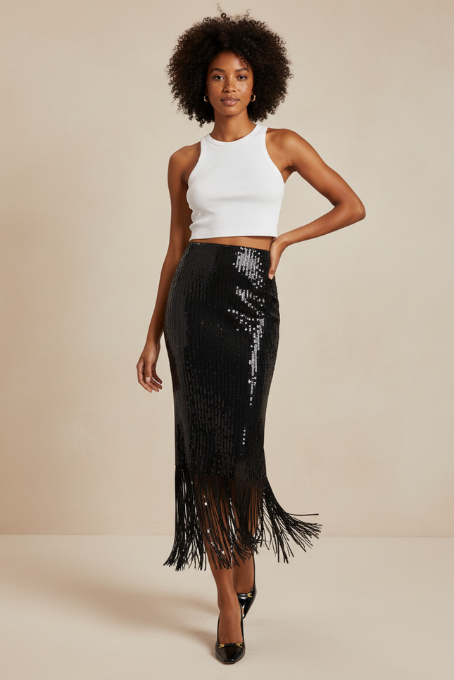 Jupe Longue Paillettes Franges Chic