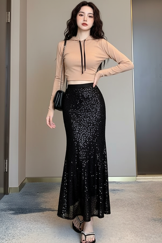 Jupe Longue Noire Pailletée Élégante Soirée