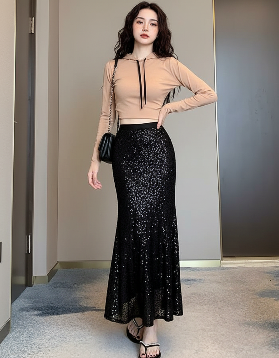 Jupe Longue Noire Pailletée Élégante Soirée