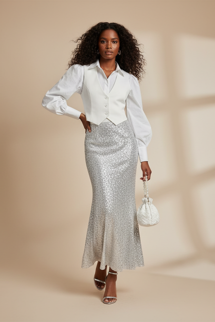 Jupe Longue Pailletée Argentée Élégante