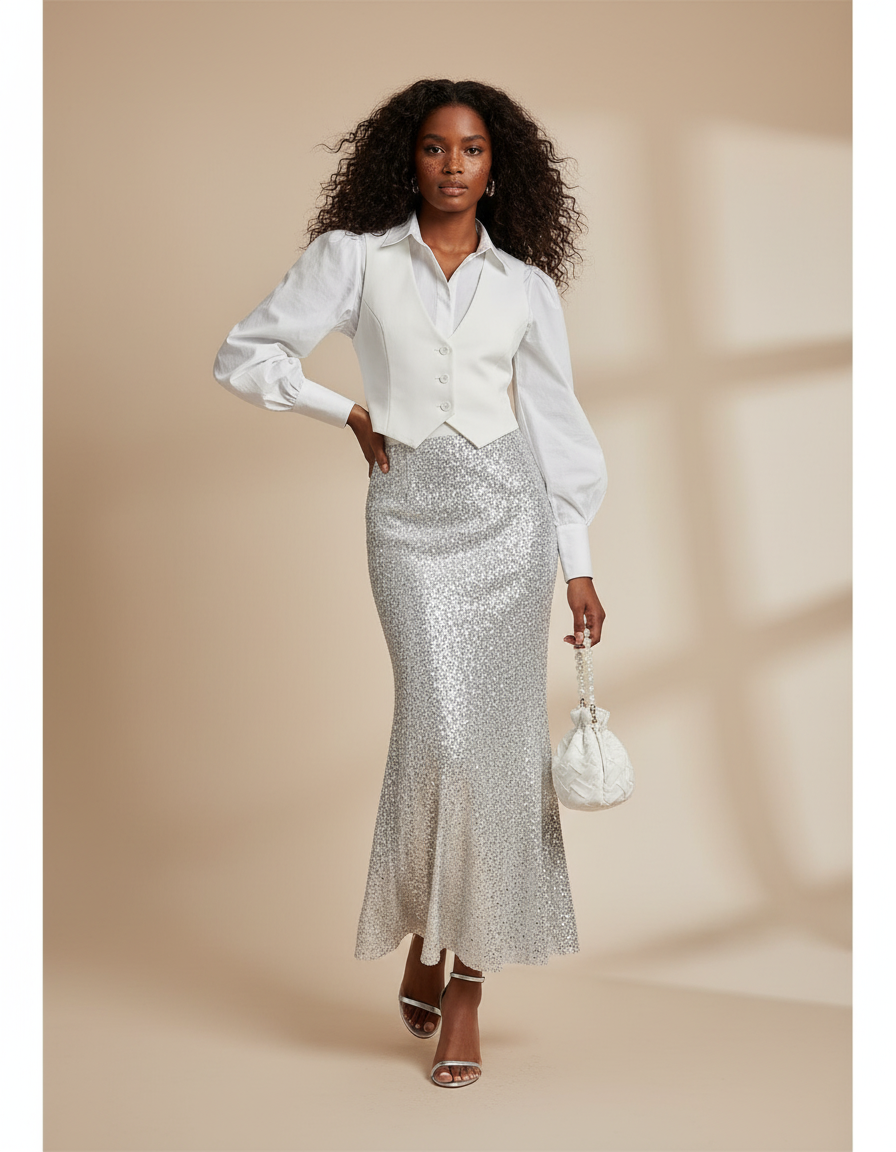Jupe Longue Pailletée Argentée Élégante