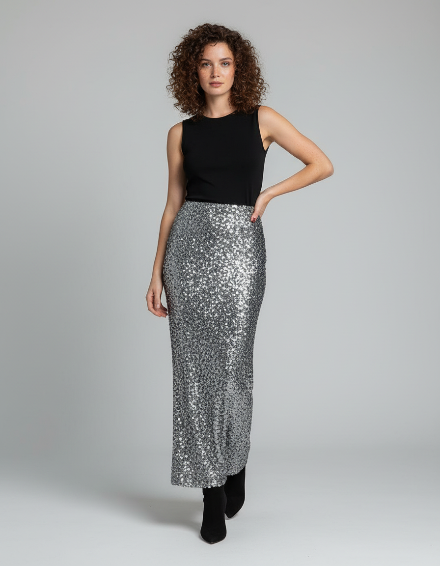 Jupe Longue Argentée Paillettes Élégante